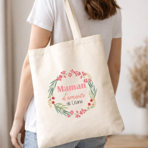 Tote bag maman personnalisé, sac maman d’amour prénom enfant, cadeau fête des mères maman, sac coton personnalisé maman, sac cabas coton