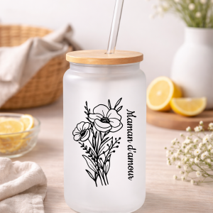 Verre canette personnalisé maman d'amour - verre givré 400ml avec paille - cadeau fête des mères - verre maman fleur