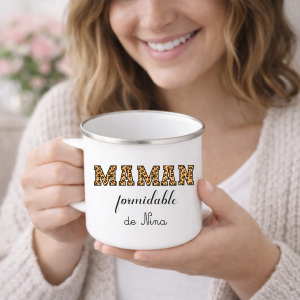 Mug émaillé personnalisé maman formidable - tasse 275ml - cadeau fête des mères - prénom maman - motif léopard