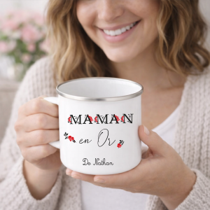 Mug émaillé personnalisé maman en or - tasse 275ml - cadeau fête des mères - prénom maman - mug floral