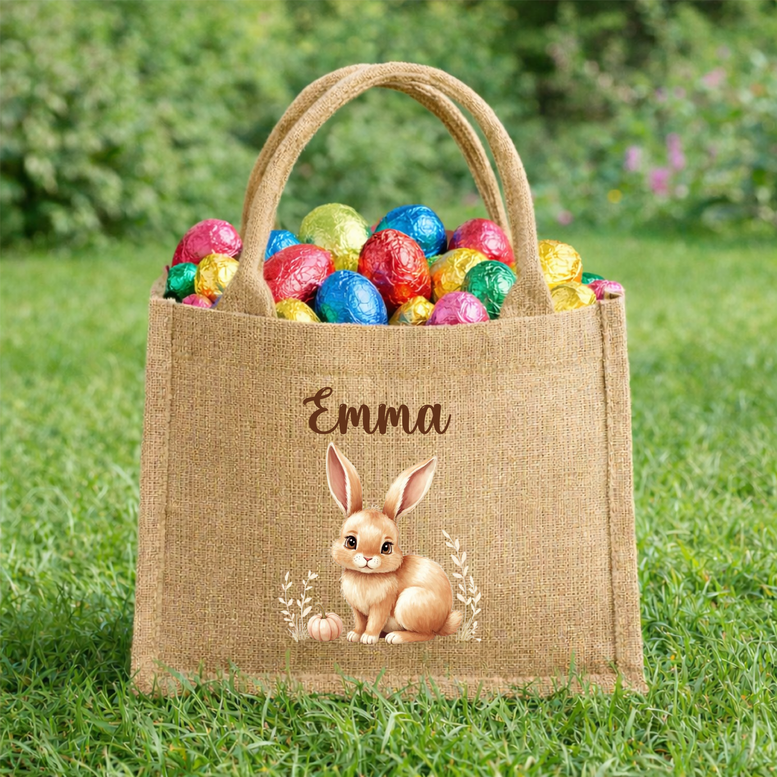 Sac de Pâques personnalisé lapin – Panier chasse aux œufs avec prénom – Sac jute Pâques enfant – Panier lapin Pâques personnalisé – Image 2