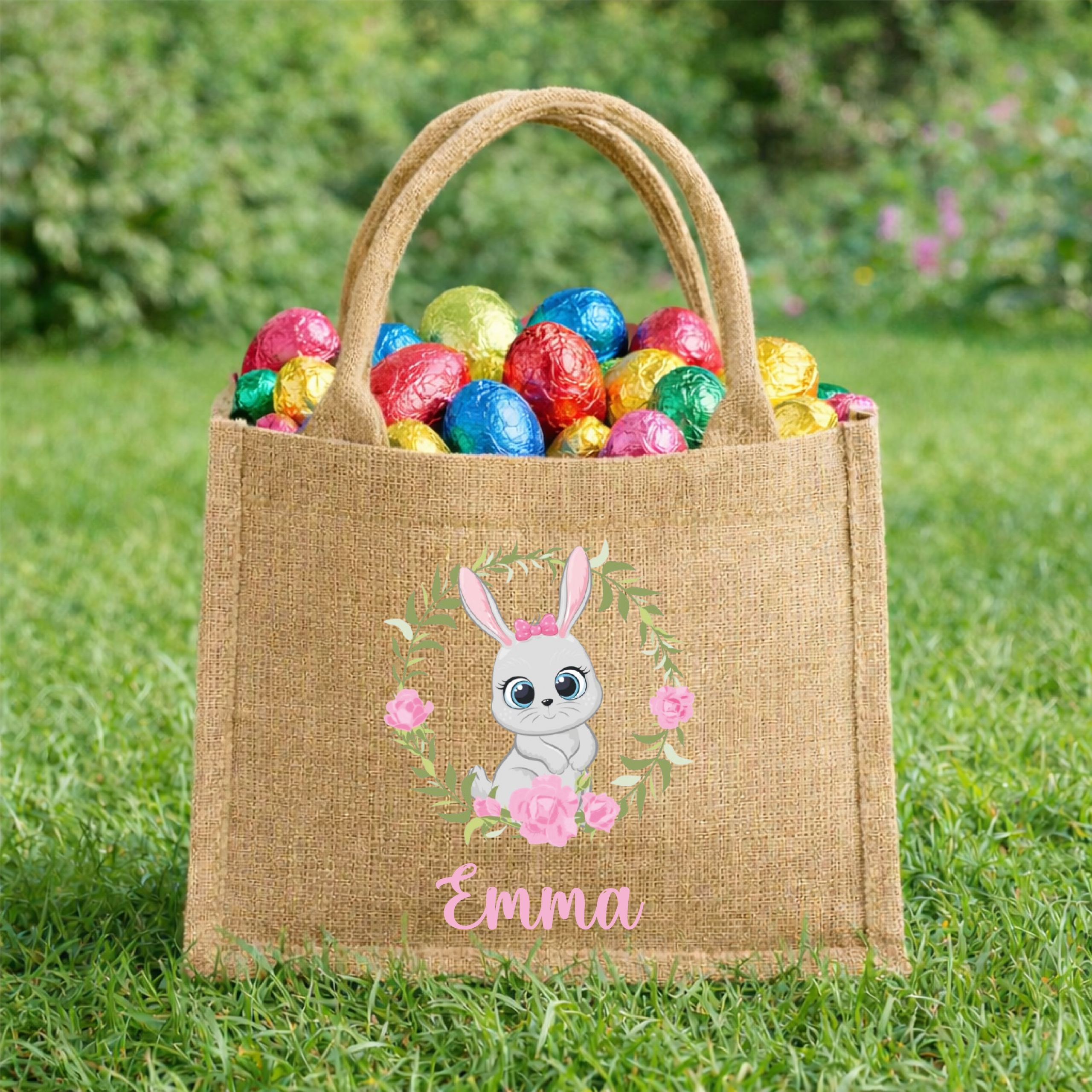 Sac de Pâques personnalisé lapin couronne fleurs – Panier chasse aux œufs enfant prénom – Sac jute Pâques – Panier Pâques personnalisé – Image 2