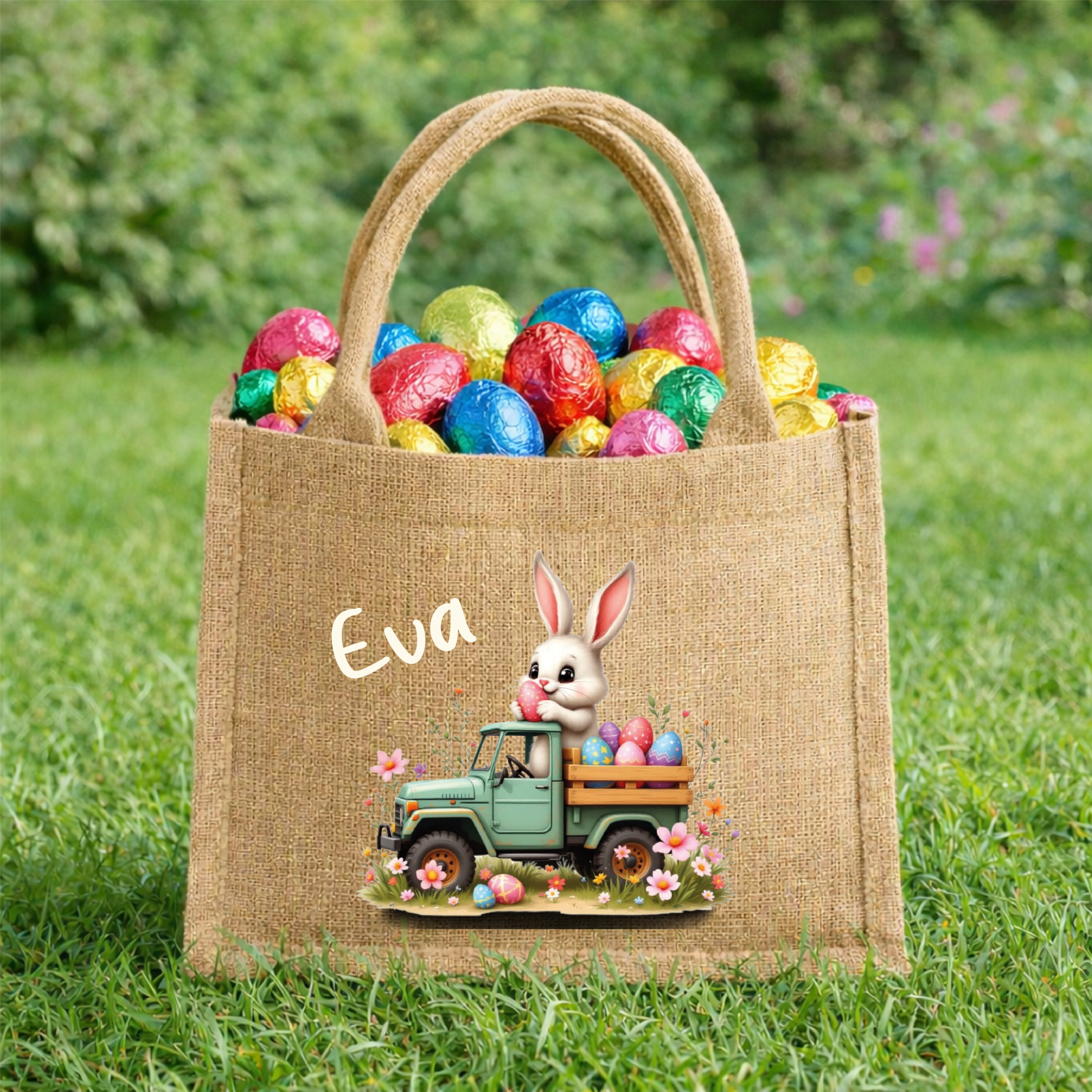 Sac de Pâques personnalisé lapin camion – Panier chasse aux œufs enfant prénom – Sac jute Pâques enfant – Panier Pâques personnalisé – Image 2