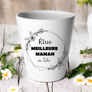 Cache-pot Élue Meilleure Maman personnalisé avec prénom – Cadeau fête des mères – Pot de fleur céramique blanc – Cadeau maman