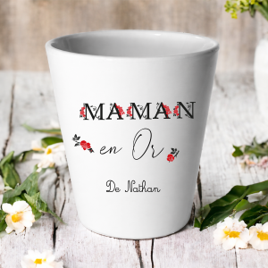 Cache-pot Maman en Or personnalisé avec prénom – Cadeau fête des mères – Pot de fleur céramique blanc – Cadeau maman original