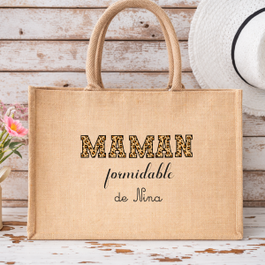Sac en jute personnalisé maman formidable, sac cabas fête des mères, cadeau maman personnalisé prénom enfant, sac maman personnalisé, cabas jute maman