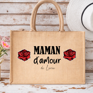 Sac en jute personnalisé maman d’amour, sac cabas fête des mères, cadeau maman personnalisé prénom enfant, sac maman personnalisé