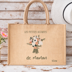 Sac en jute personnalisé les petites affaires de maman, sac cabas maman personnalisé prénom enfant, cadeau fête des mères maman, sac maman