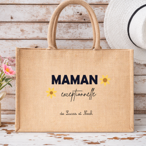 Sac en jute personnalisé maman exceptionnelle, sac cabas fête des mères, cadeau maman personnalisé prénoms enfants, sac maman personnalisé