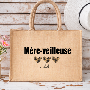 Sac en jute personnalisé mère veilleuse, sac cabas fête des mères, cadeau maman personnalisé prénom enfant, sac maman personnalisé
