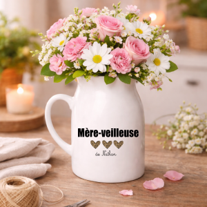 Pot à lait personnalisé mère veilleuse - pichet céramique 450ml - cadeau fête des mères - prénom maman - coeur leopard