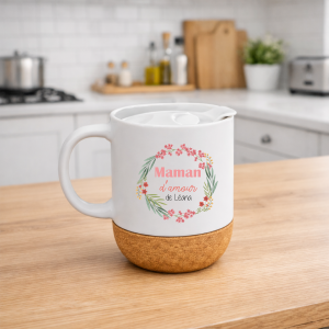 Mug meilleure maman du monde, tasse maman cadeau fête des mères, mug maman avec couvercle et socle liège 330 ml