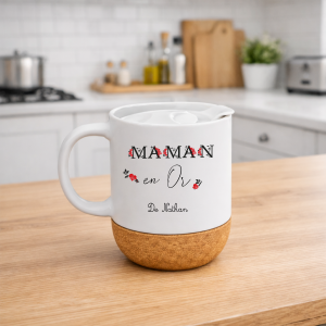 Mug maman en or personnalisé avec prénom, tasse maman cadeau fête des mères, mug maman couvercle liège 330 ml