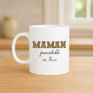Mug maman personnalisé léopard 320 ml – Tasse Maman formidable avec prénom – Cadeau fête des mères original – Mug tendance léopard