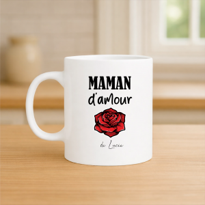 Mug maman d’amour personnalisé 320 ml – Tasse maman avec prénom – Cadeau fête des mères original – Mug rose rouge maman