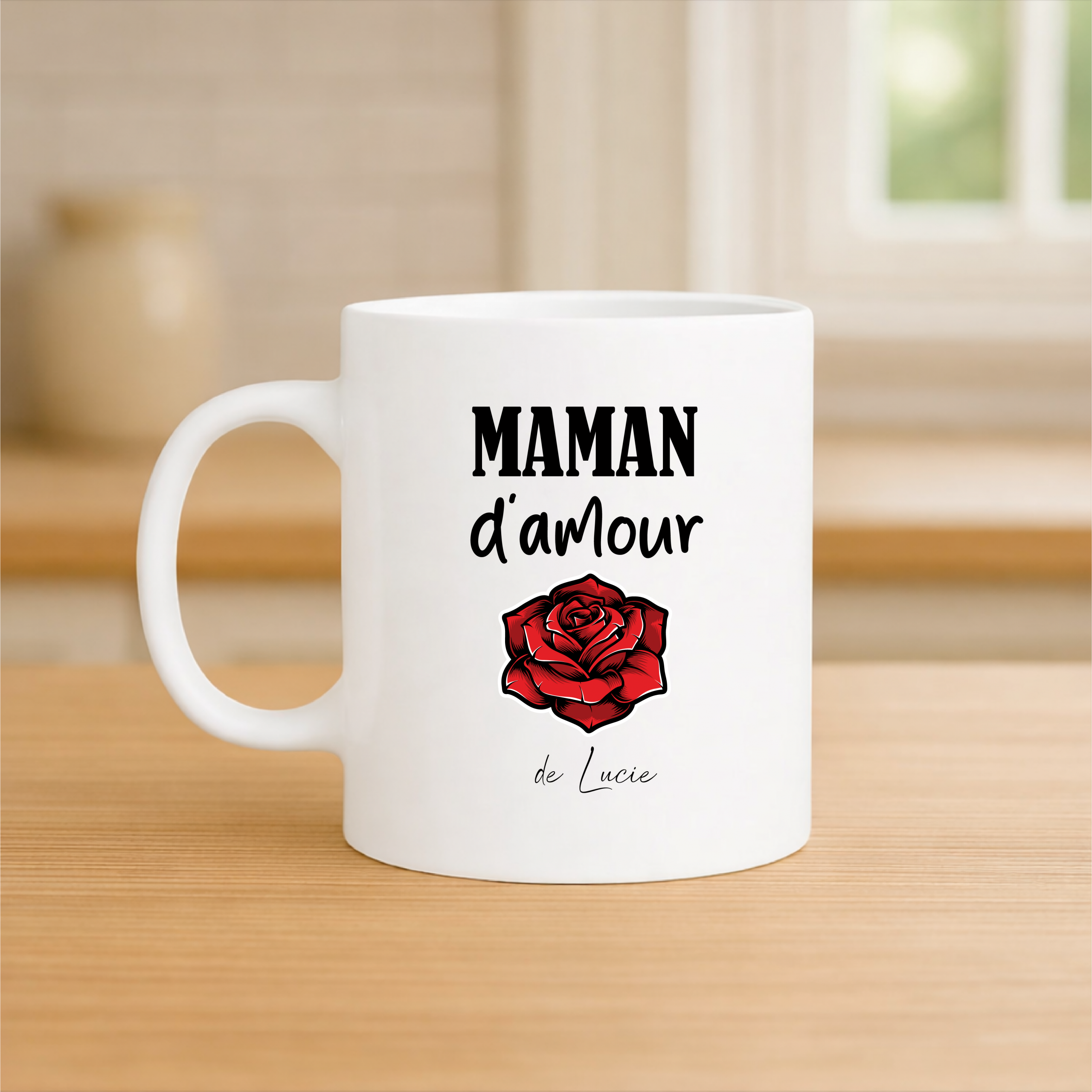 Mug maman d’amour personnalisé 320 ml – Tasse maman avec prénom – Cadeau fête des mères original – Mug rose rouge maman