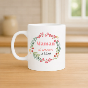 Mug maman d’amour personnalisé 320 ml – Tasse maman fleur avec prénom – Cadeau fête des mères floral – Mug couronne de fleurs