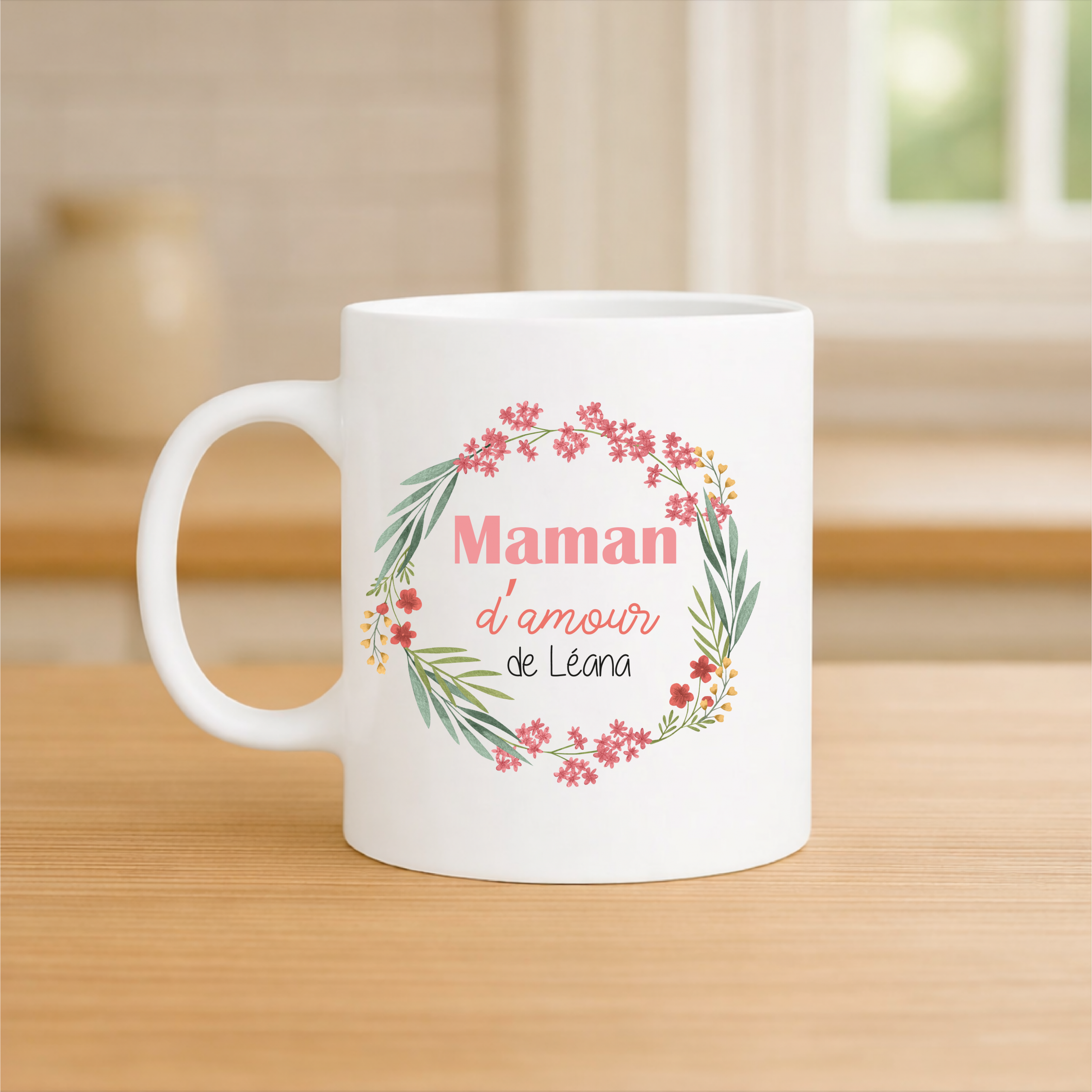 Mug maman d’amour personnalisé 320 ml – Tasse maman fleur avec prénom – Cadeau fête des mères floral – Mug couronne de fleurs