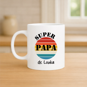 Mug Super Papa personnalisé 320 ml – Cadeau fête des pères vintage – Tasse papa avec prénom enfant – Cadeau papa original rétro