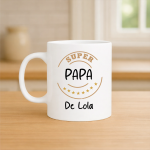 Mug Super Papa personnalisé 320 ml – Cadeau fête des pères original – Tasse papa avec prénom enfant – Mug papa badge étoile