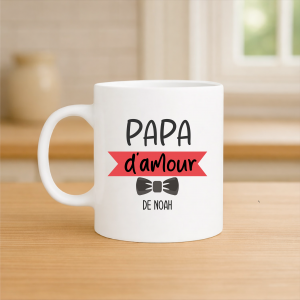 Mug papa d’amour personnalisé 320 ml – Cadeau fête des pères avec prénom enfant – Tasse papa originale – Mug papa chic nœud papillon