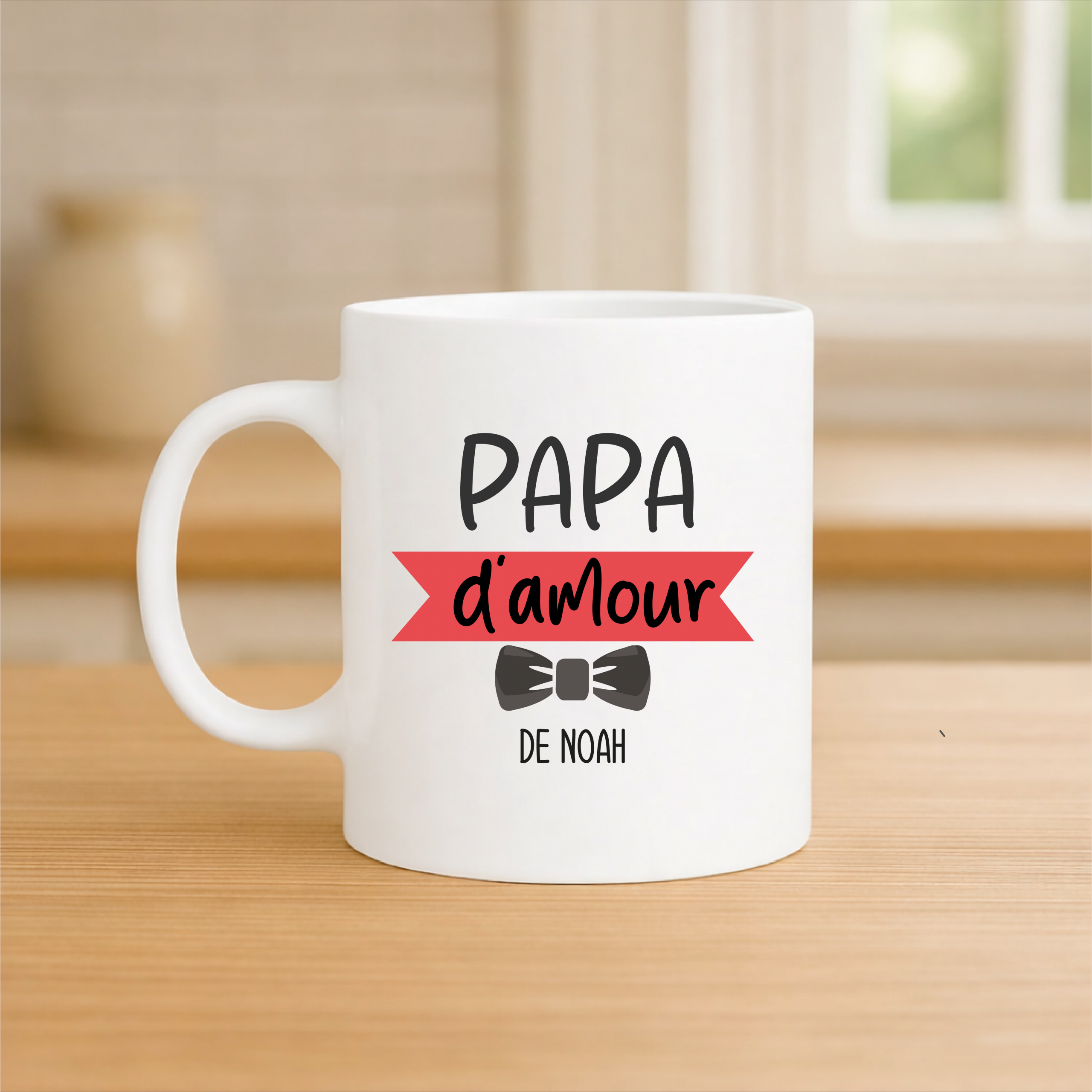 Mug papa d’amour personnalisé 320 ml – Cadeau fête des pères avec prénom enfant – Tasse papa originale – Mug papa chic nœud papillon