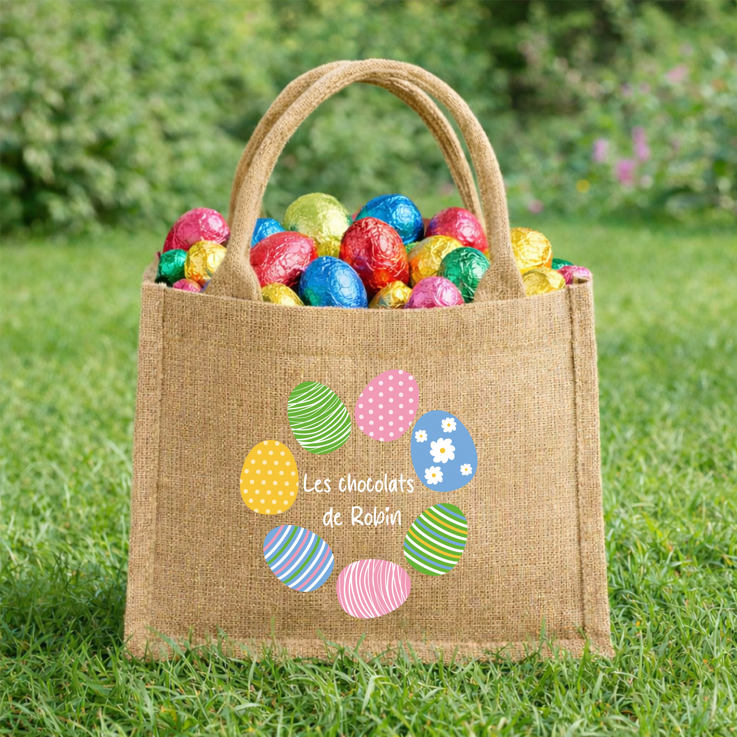Sac de Pâques personnalisé – Sac chocolats enfant prénom – Panier chasse aux œufs – Sac jute Pâques enfant – Panier Pâques personnalisé – Image 2