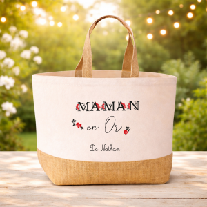 Sac cabas maman en or personnalisé, cadeau fête des mères maman, sac maman prénom enfant, sac cabas personnalisé maman, grand sac shopping