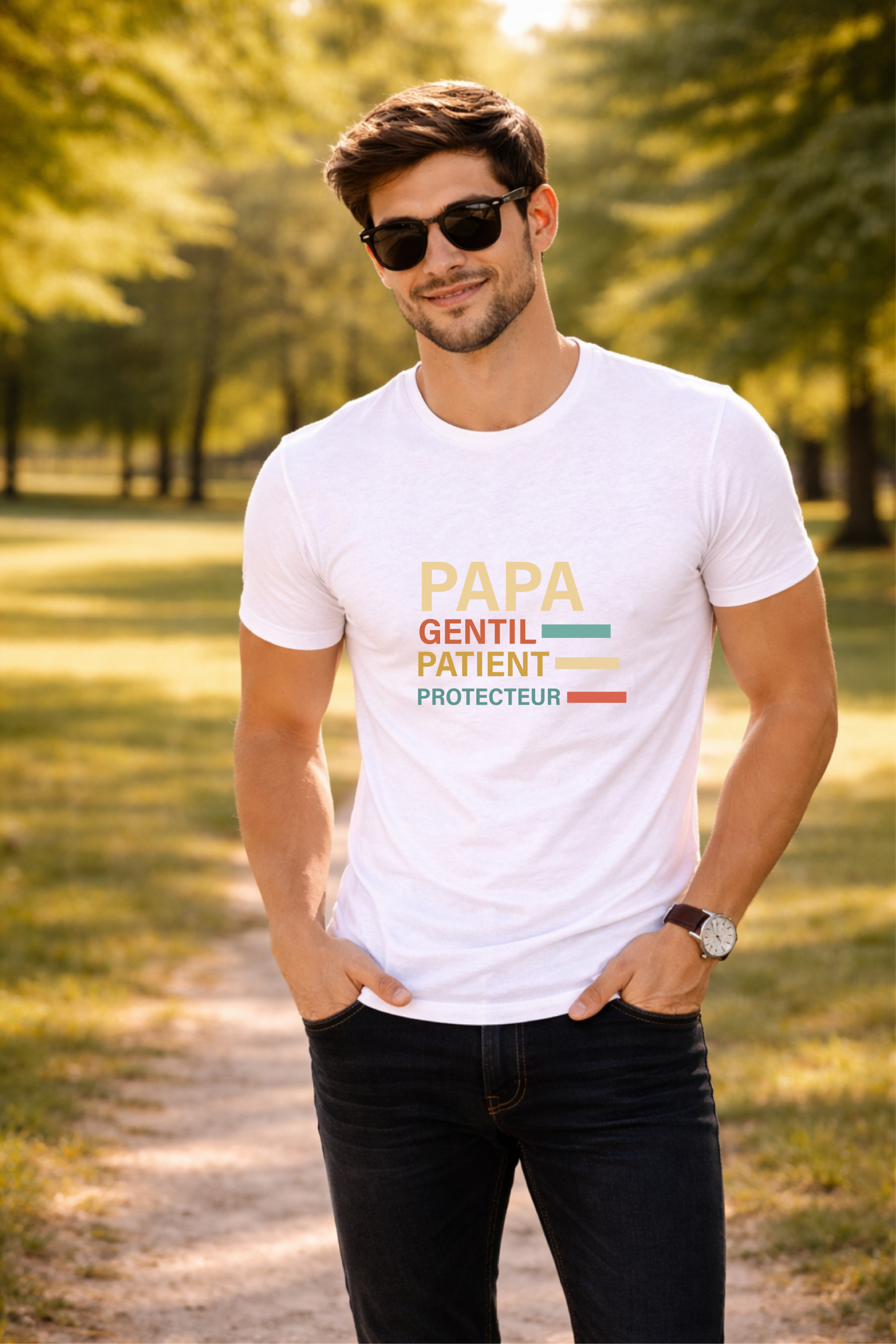 T-shirt Papa Personnalisé Mots – Tee Shirt Homme Personnalisable Gentil Patient Protecteur – Cadeau Fête des Pères – Idée Cadeau Papa Unique