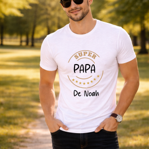 T-shirt Papa Personnalisé – Super Papa avec Prénom Enfant – Cadeau Fête des Pères – Tee Shirt Homme Blanc Coton – Idée Cadeau Papa Original