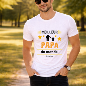 T-shirt Meilleur Papa du Monde Personnalisé – Tee Shirt Homme avec Prénom Enfant – Cadeau Fête des Pères – Idée Cadeau Papa Unique