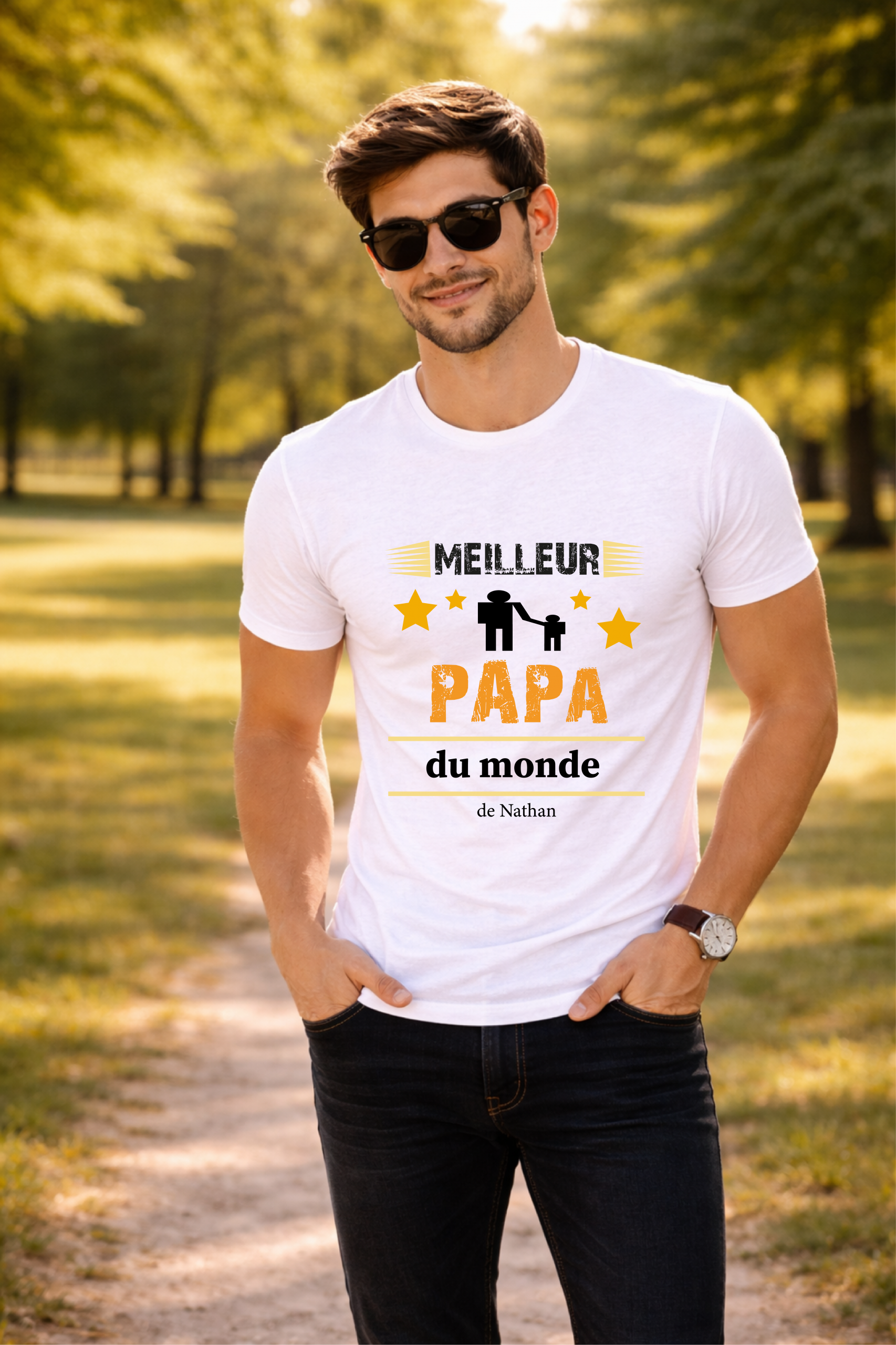 T-shirt Meilleur Papa du Monde Personnalisé – Tee Shirt Homme avec Prénom Enfant – Cadeau Fête des Pères – Idée Cadeau Papa Unique