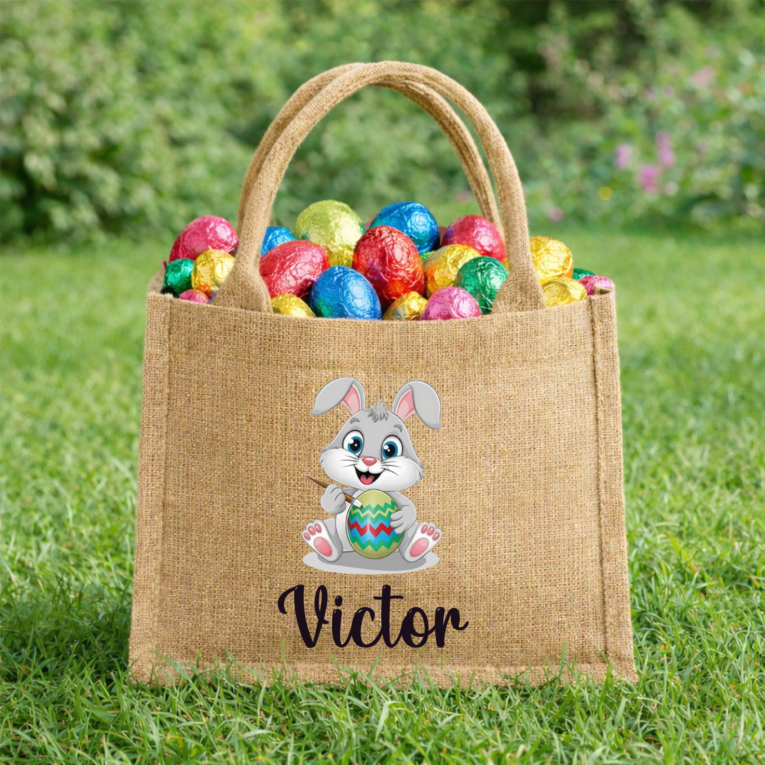 Sac de Pâques personnalisé lapin – Panier chasse aux œufs enfant avec prénom – Sac jute Pâques enfant – Sac lapin avec œuf de Pâques – Image 2
