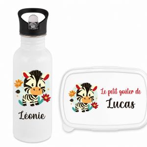Pack rentrée enfant personnalisé prénom zèbre, gourde paille 600 ml et boite à goûter, kit école maternelle, lunch box enfant,cadeau rentrée