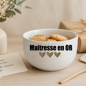 Bol maîtresse en or personnalisé cadeau fin d’année scolaire, bol petit déjeuner maîtresse, idée cadeau école