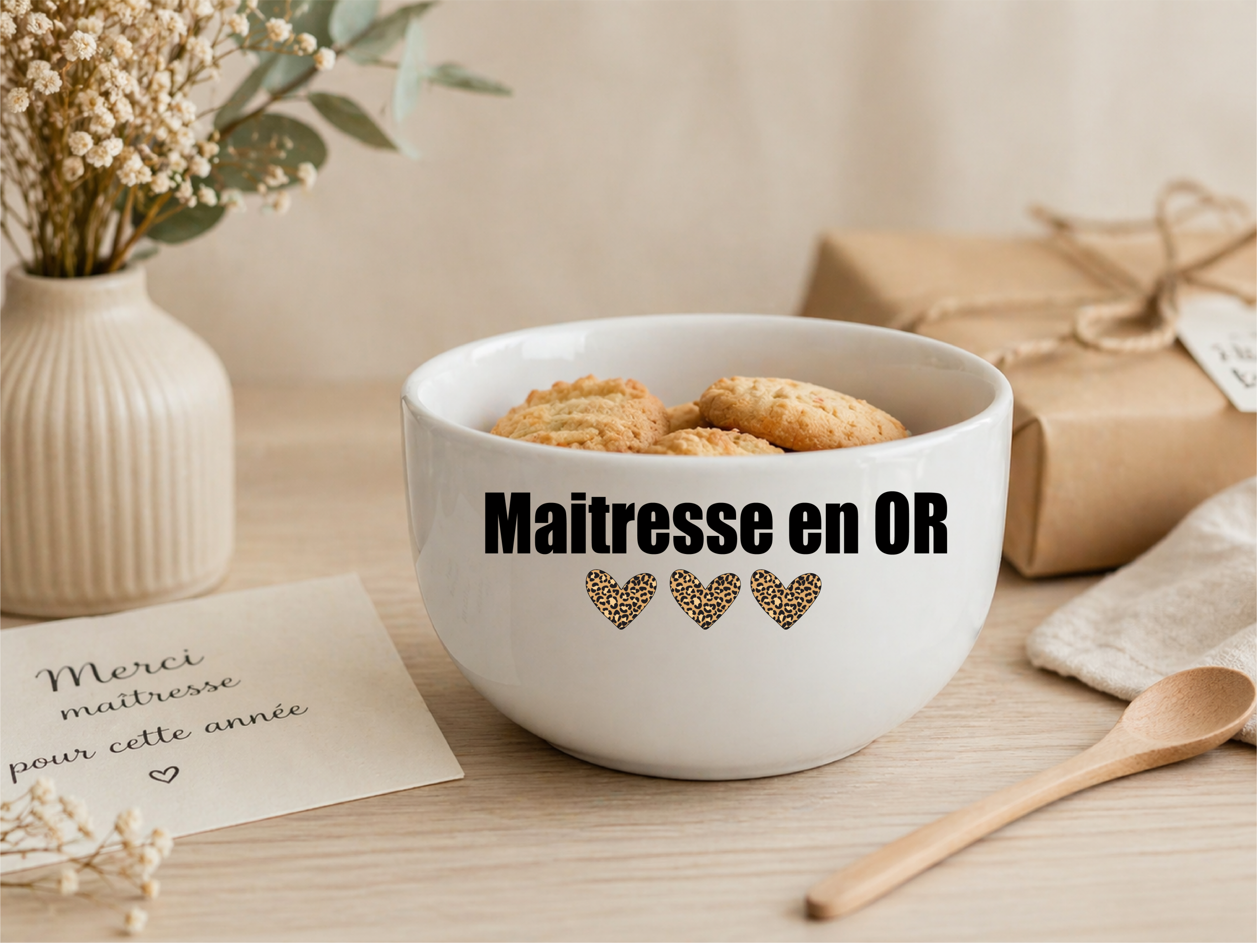 Bol maîtresse en or personnalisé cadeau fin d’année scolaire, bol petit déjeuner maîtresse, idée cadeau école