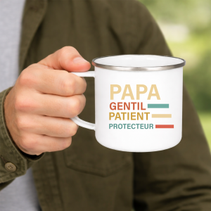 Mug Papa Émaillé – Papa Gentil Patient Protecteur – Cadeau Fête des Pères – Tasse Papa Originale – Idée Cadeau Papa