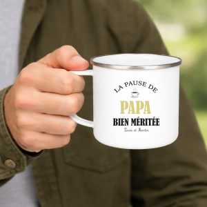 Mug Papa Émaillé Personnalisé – La Pause de Papa Bien Méritée – Cadeau Fête des Pères – Tasse Papa avec Prénoms Enfants