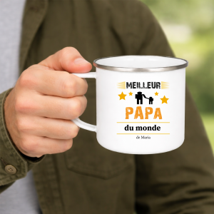Mug Papa Émaillé Personnalisé – Meilleur Papa du Monde – Cadeau Fête des Pères – Tasse Papa avec Prénom Enfant
