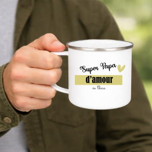 Mug Papa Émaillé Personnalisé – Super Papa d’Amour – Cadeau Fête des Pères – Tasse Papa avec Prénom Enfant
