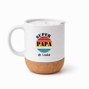Mug Super Papa Personnalisé Vintage – Cadeau Fête des Pères – Tasse Papa avec Prénom – Mug Papa Original Couvercle Liège