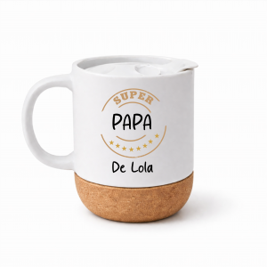 Mug Super Papa Personnalisé Médaille – Cadeau Fête des Pères – Tasse Papa avec Prénom – Mug Papa Original Couvercle Liège