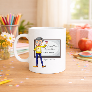 Mug maître personnalisé fin d’année scolaire, cadeau merci maître dessin école avec prénom et année, tasse 320 ml