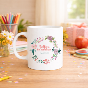 Mug maîtresse personnalisé merci fin d’année scolaire, cadeau maîtresse fleur avec prénom et année, tasse 320 ml