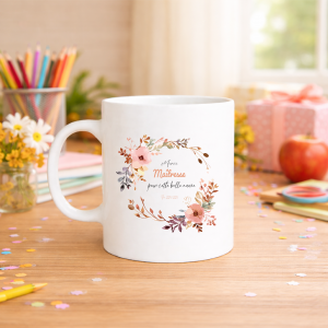 Mug maîtresse personnalisé fin d’année scolaire, cadeau merci maîtresse bohème fleuri avec prénom et année, tasse 320 ml