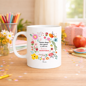 Mug maîtresse incroyable personnalisé fin d’année scolaire, cadeau merci maîtresse avec prénom, tasse fleur colorée 320 ml