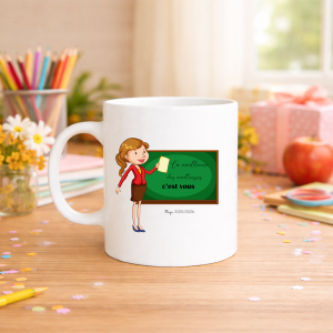 Mug maîtresse personnalisé fin d’année scolaire, cadeau merci maîtresse tableau école avec prénom et année, tasse 320 ml