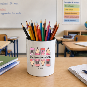 Pot à crayons maîtresse personnalisé cadeau fin d’année scolaire, pot stylos école avec prénom, idée cadeau maîtresse