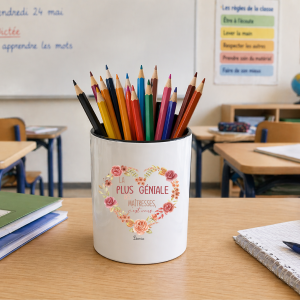 Pot à crayons maîtresse personnalisé coloré, cadeau fin d’année scolaire avec prénom, pot stylos école 325 ml