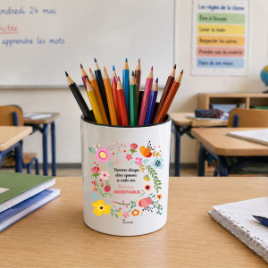 Pot à crayons maîtresse personnalisé cœur fleuri, cadeau fin d’année scolaire avec prénom, pot stylos école 325 ml